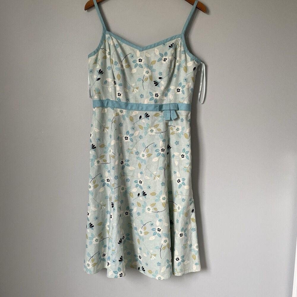 Ann Taylor LOFT y2k 2000's Linen Blend Floral Print Midi Dress Blue Size 10